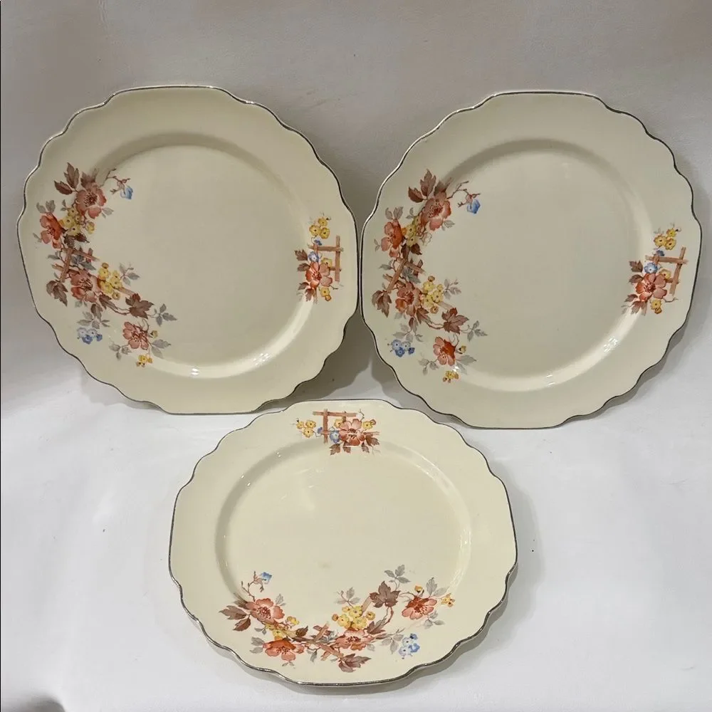 Lido WS George Canarytone Vintage Floral 9 1/2 Inch Dinner Plates Set 3 Made USA